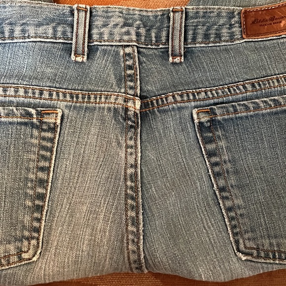 Distressed Eddie Bauer Full Length high waisted Boot Cut Jeans, Sz 14 - Picture 11 of 13